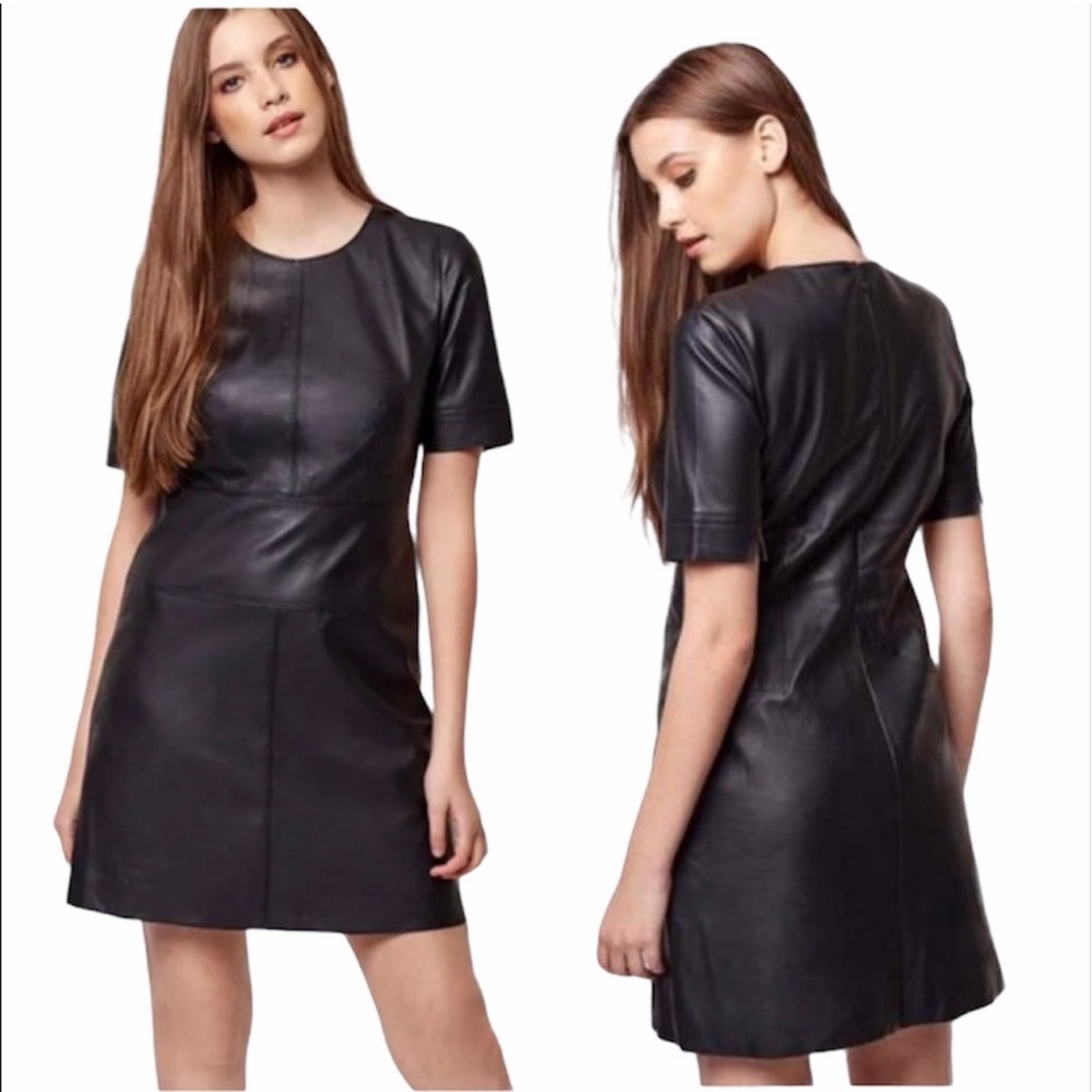 top shop short sleeve crew neck leather dress zip back satin lined